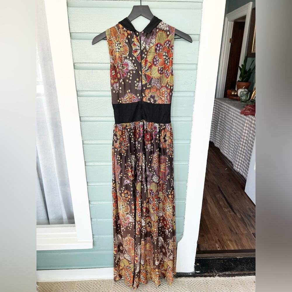 Vintage wide leg paisley jumpsuit 60s 70s brown Peter Pan collar S fall RARE - Picture 6 of 12